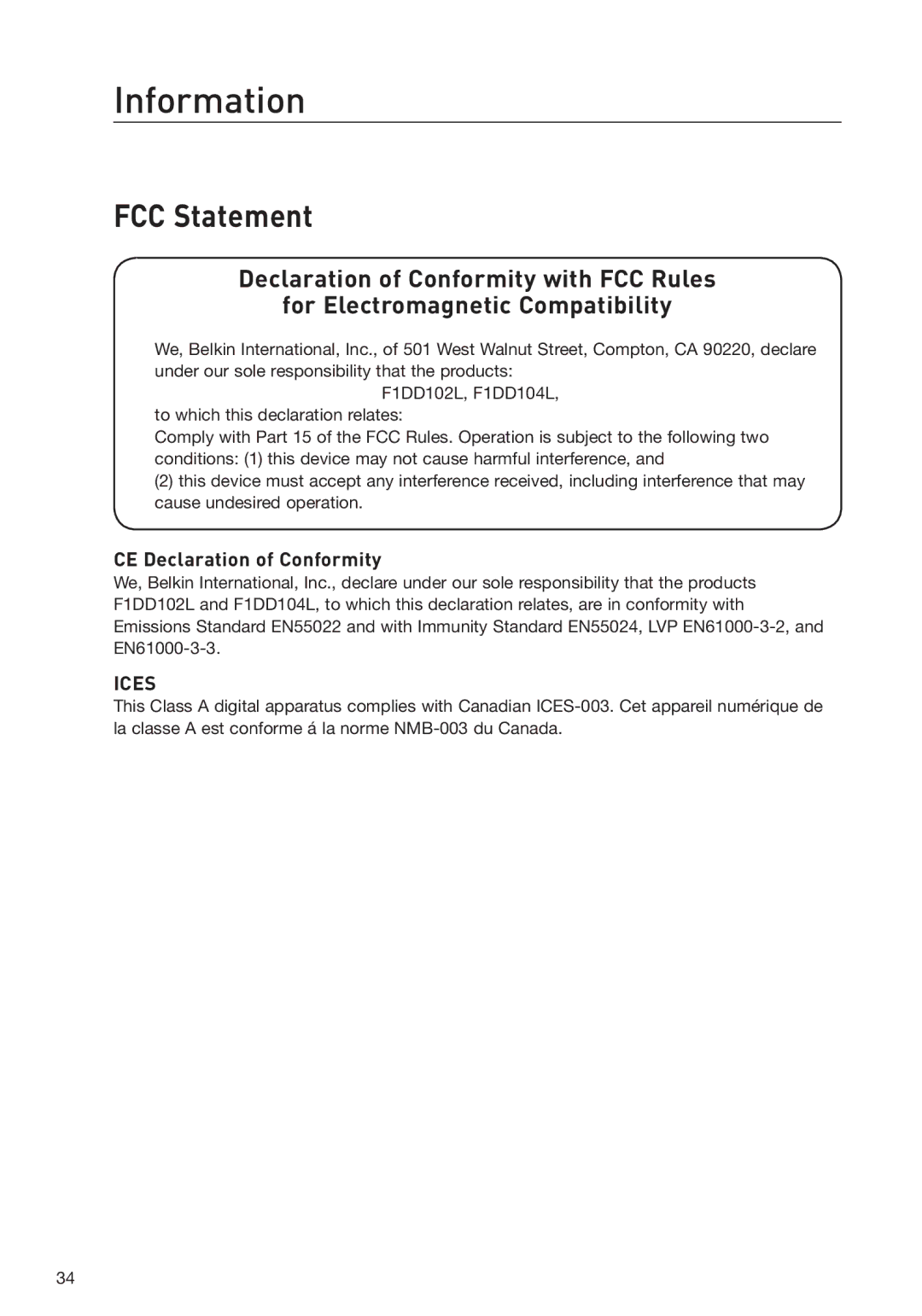 Belkin F1DD102L user manual Information, FCC Statement, CE Declaration of Conformity 