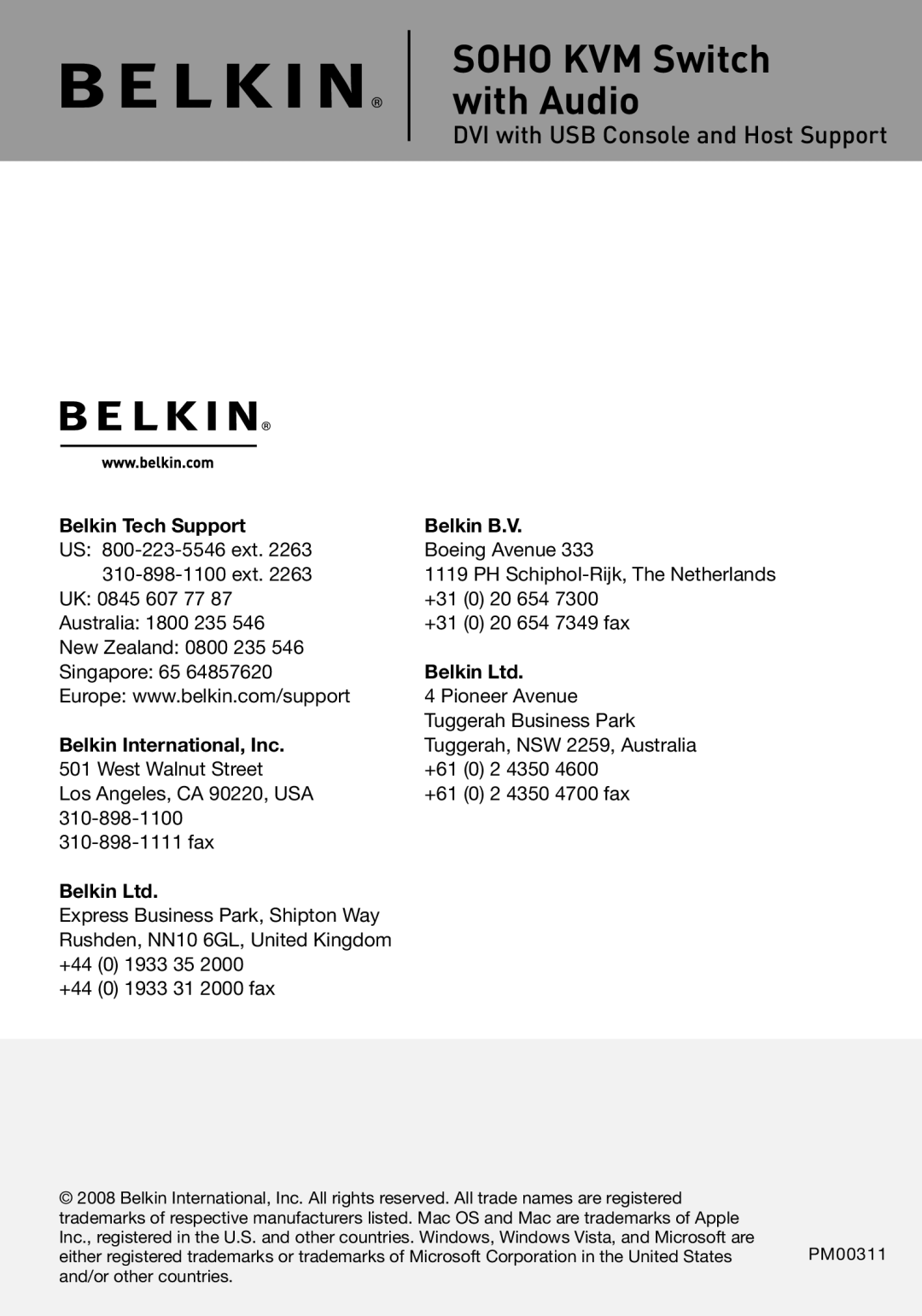 Belkin F1DD102L user manual Belkin Tech Support Belkin B.V, Belkin International, Inc 