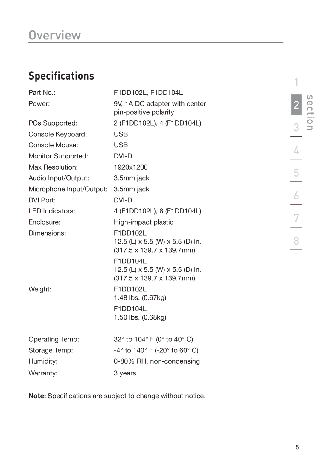 Belkin F1DD102L user manual Specifications 