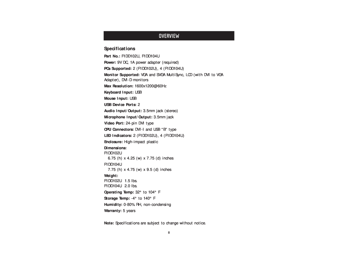 Belkin F1DD102U, F1DD104U user manual Specifications, Overview 
