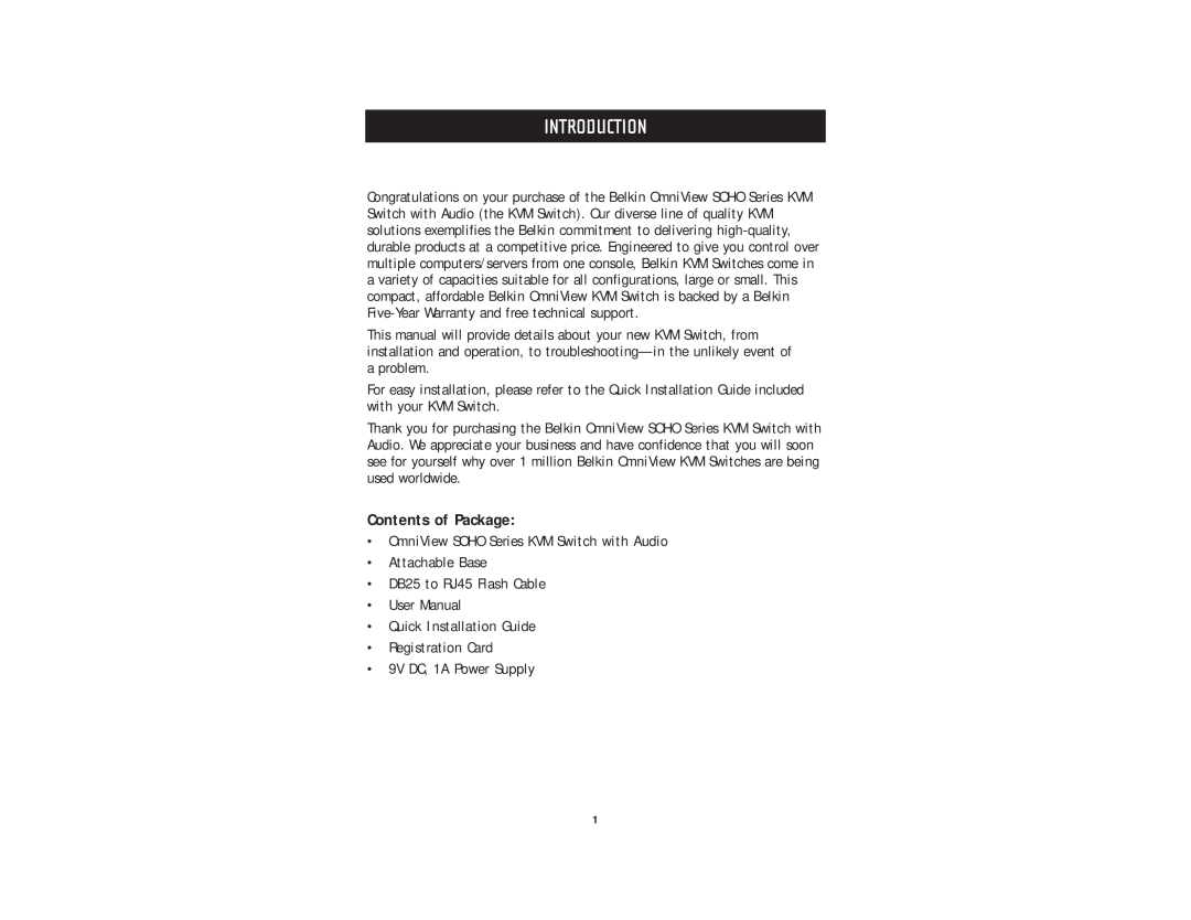 Belkin F1DD102U, F1DD104U user manual Introduction, Contents of Package 