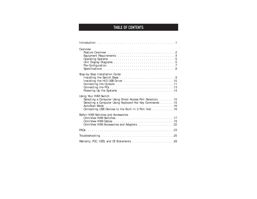 Belkin F1DD102U, F1DD104U user manual Table of Contents 