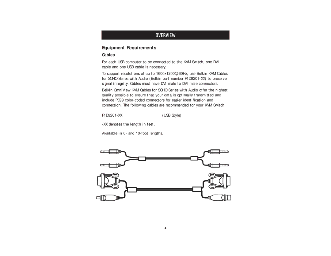 Belkin F1DD102U, F1DD104U user manual Equipment Requirements, Cables 