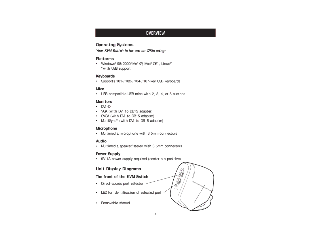 Belkin F1DD104U user manual Platforms, Keyboards, Mice, Monitors, Microphone, Audio, Power Supply, Front of the KVM Switch 