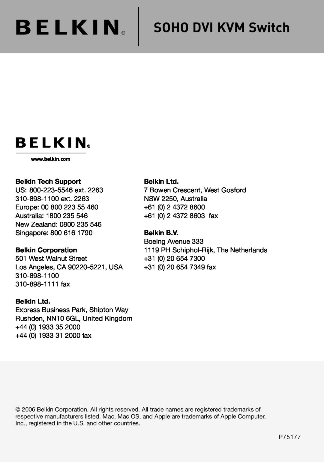 Belkin F1DD102U manual SOHO DVI KVM Switch, Belkin Tech Support, Belkin B.V, Belkin Corporation 