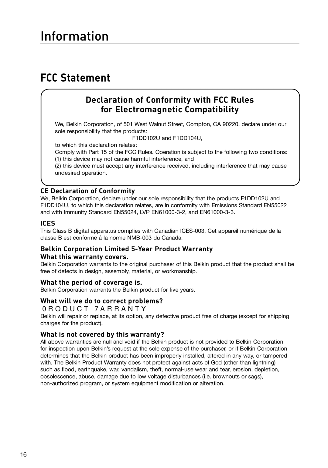 Belkin F1DD102U manual Information, FCC Statement 