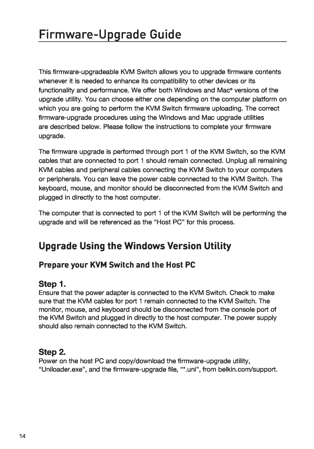 Belkin F1DD104LEA, F1DD102LEA manual Firmware-Upgrade Guide, Upgrade Using the Windows Version Utility, Step 