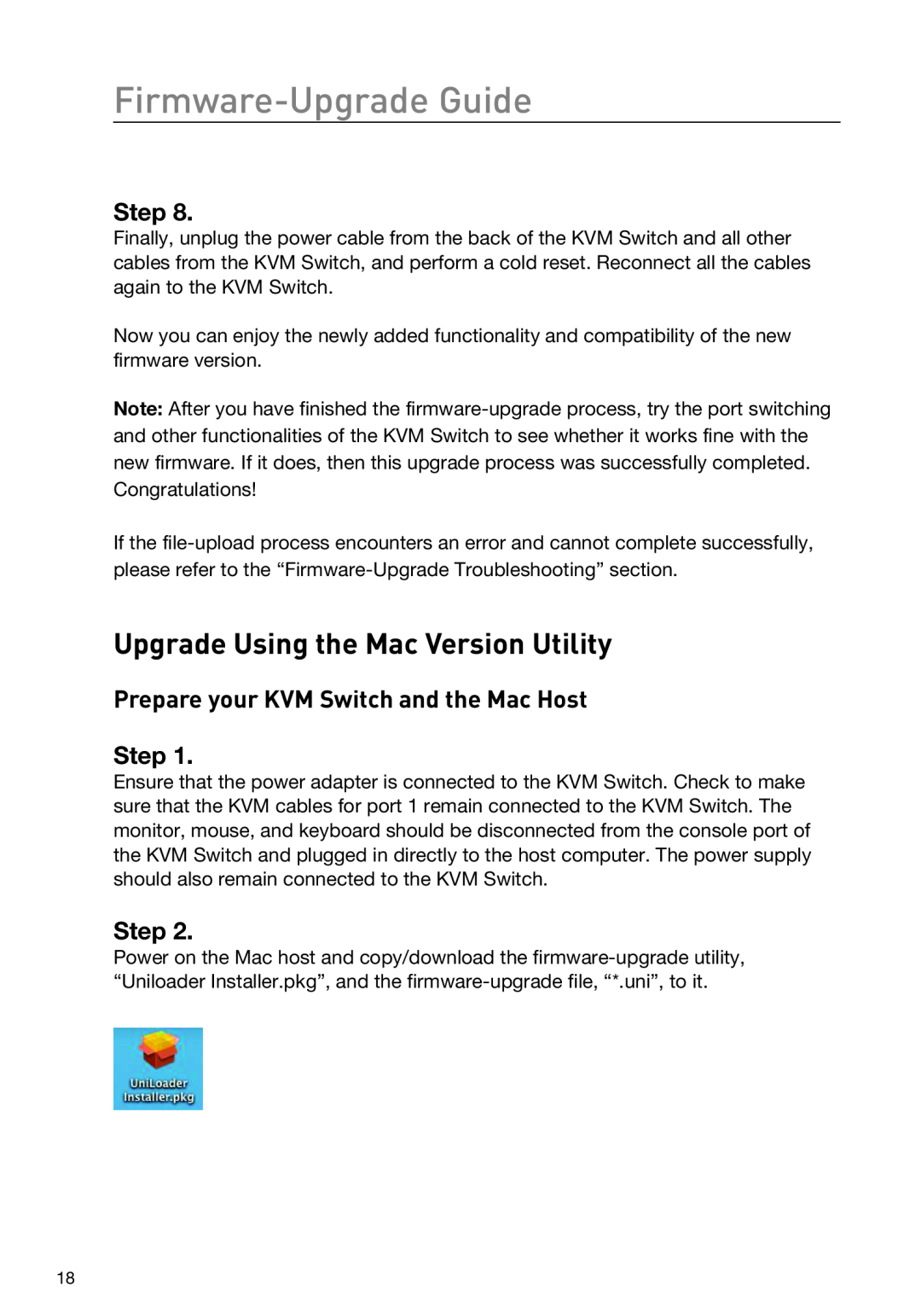 Belkin F1DD104LEA, F1DD102LEA manual Upgrade Using the Mac Version Utility, Prepare your KVM Switch and the Mac Host Step 
