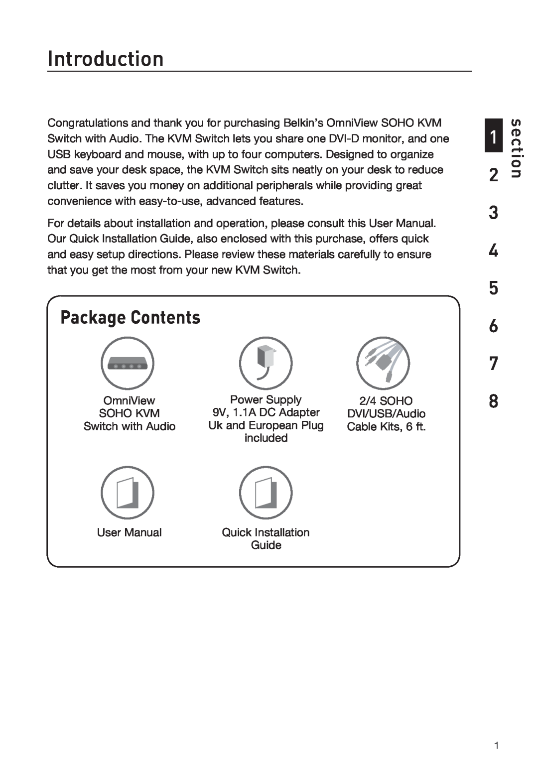 Belkin F1DD102LEA, F1DD104LEA manual Introduction, Package Contents, section 