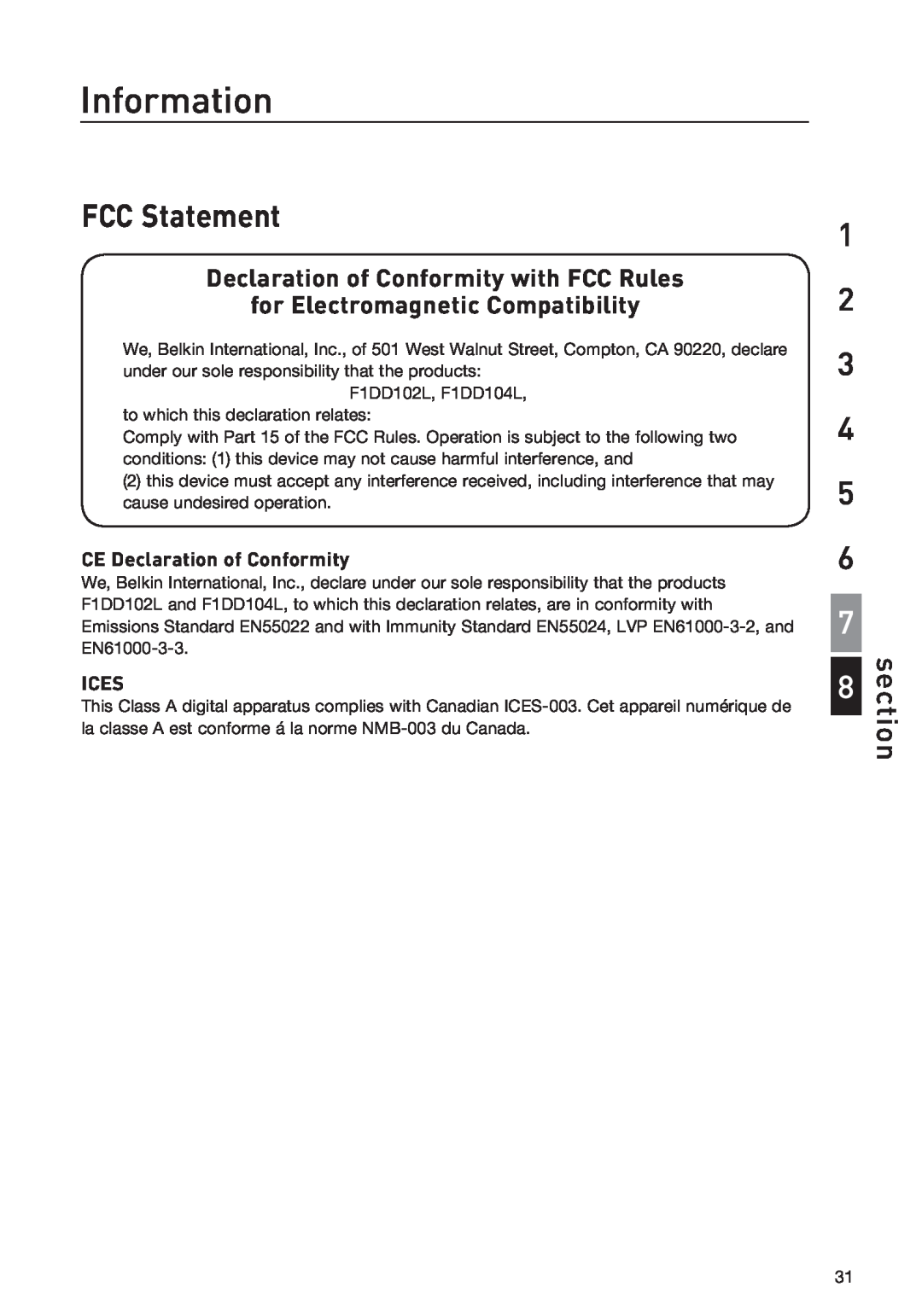 Belkin F1DD102LEA Information, FCC Statement, Declaration of Conformity with FCC Rules, for Electromagnetic Compatibility 