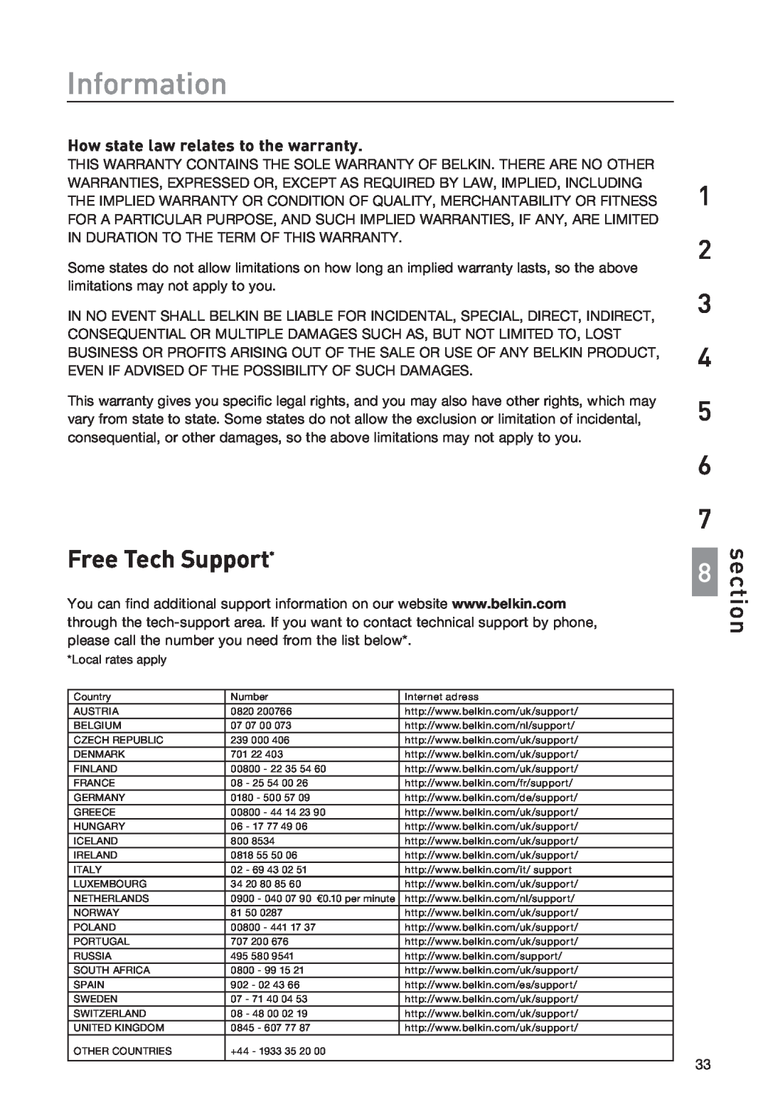 Belkin F1DD102LEA, F1DD104LEA manual Free Tech Support, Information, section, How state law relates to the warranty 