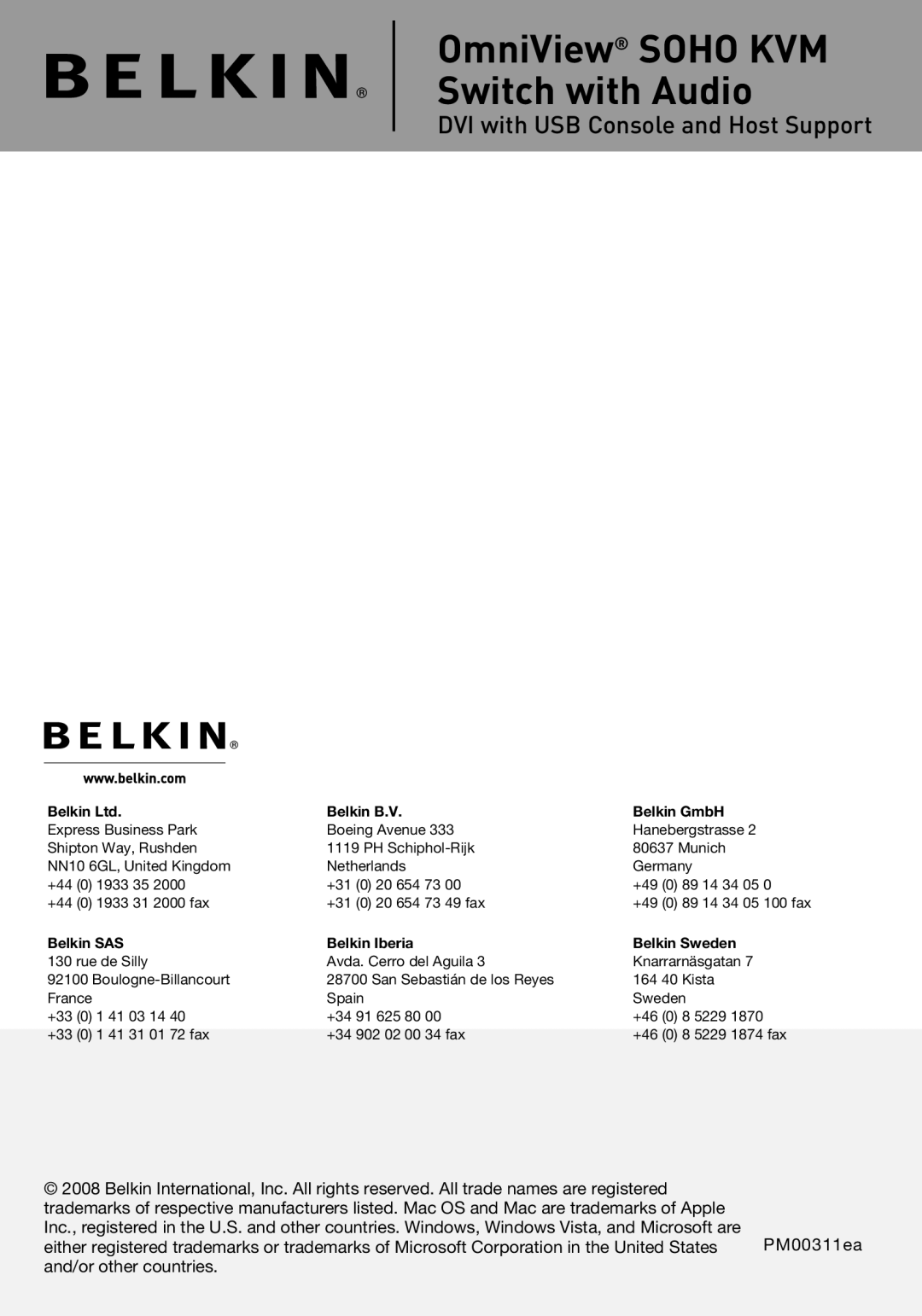 Belkin F1DD104LEA OmniView SOHO KVM Switch with Audio, DVI with USB Console and Host Support, Belkin B.V, Belkin GmbH 