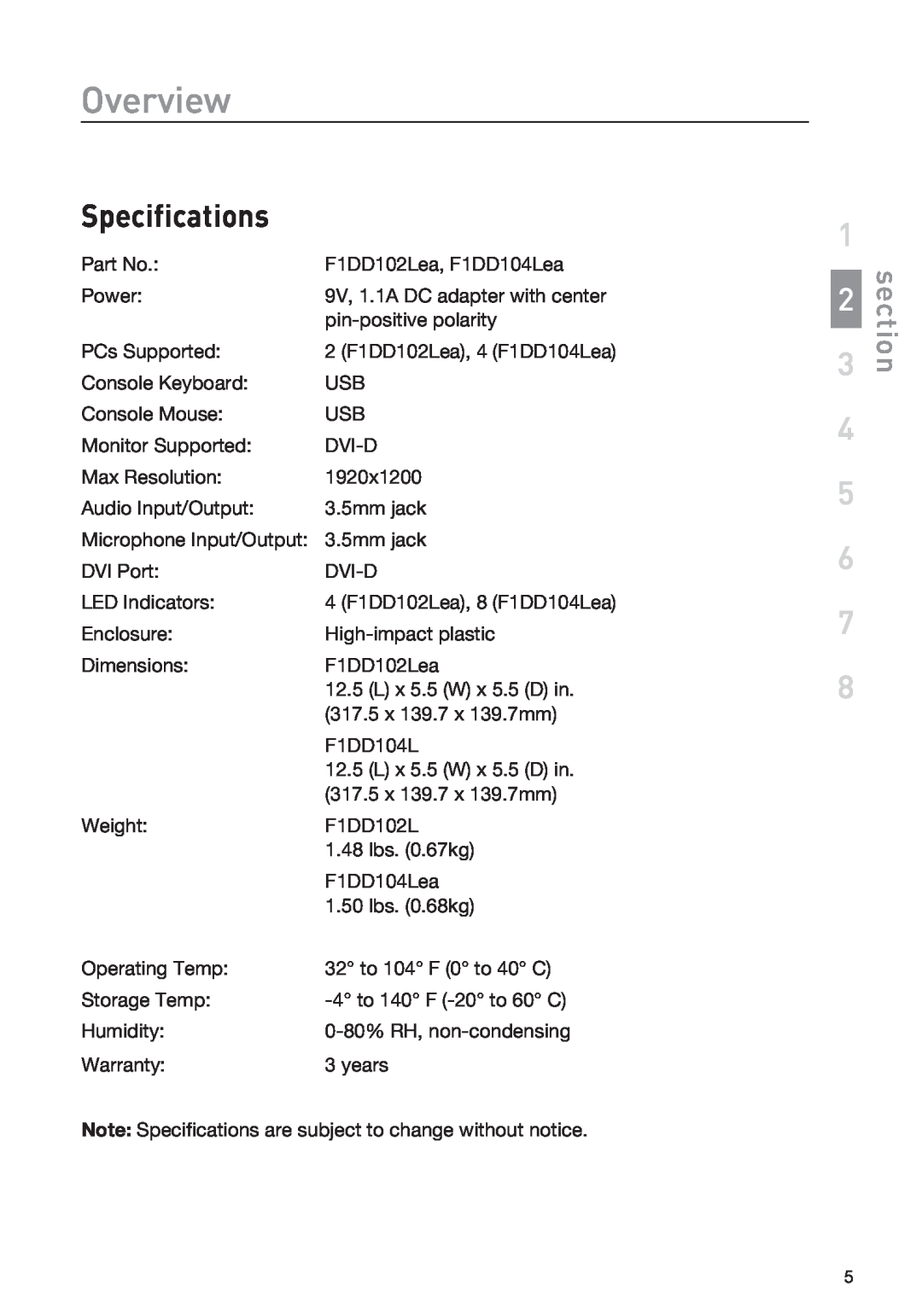 Belkin F1DD102LEA, F1DD104LEA manual Specifications, section, Overview 