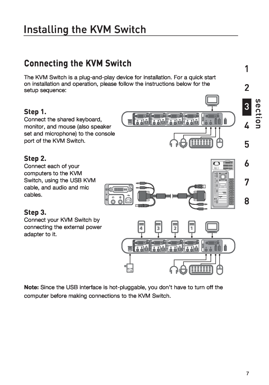 Belkin F1DD102LEA manual Connecting the KVM Switch, Step, Installing the KVM Switch, section, connecting the external power 
