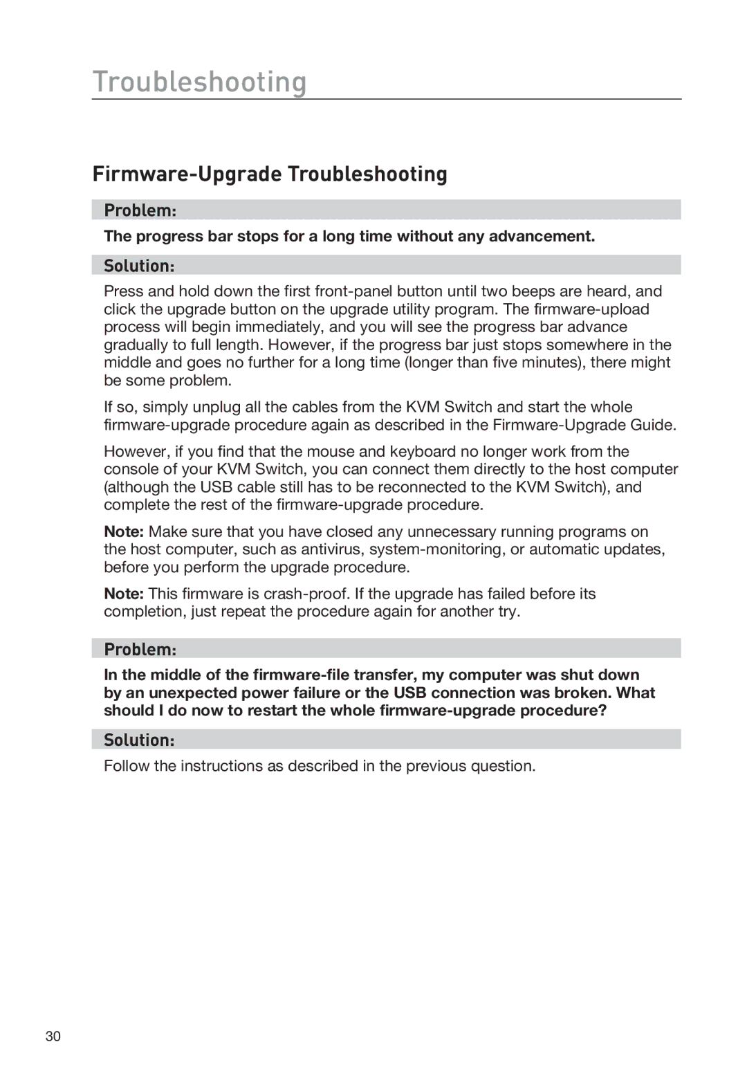 Belkin F1DD104LEA, F1DD102LEA manual Firmware-Upgrade Troubleshooting 