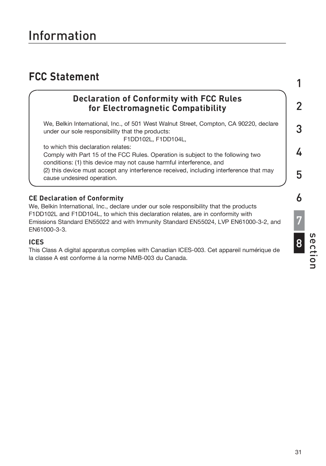 Belkin F1DD102LEA, F1DD104LEA manual Information, FCC Statement 