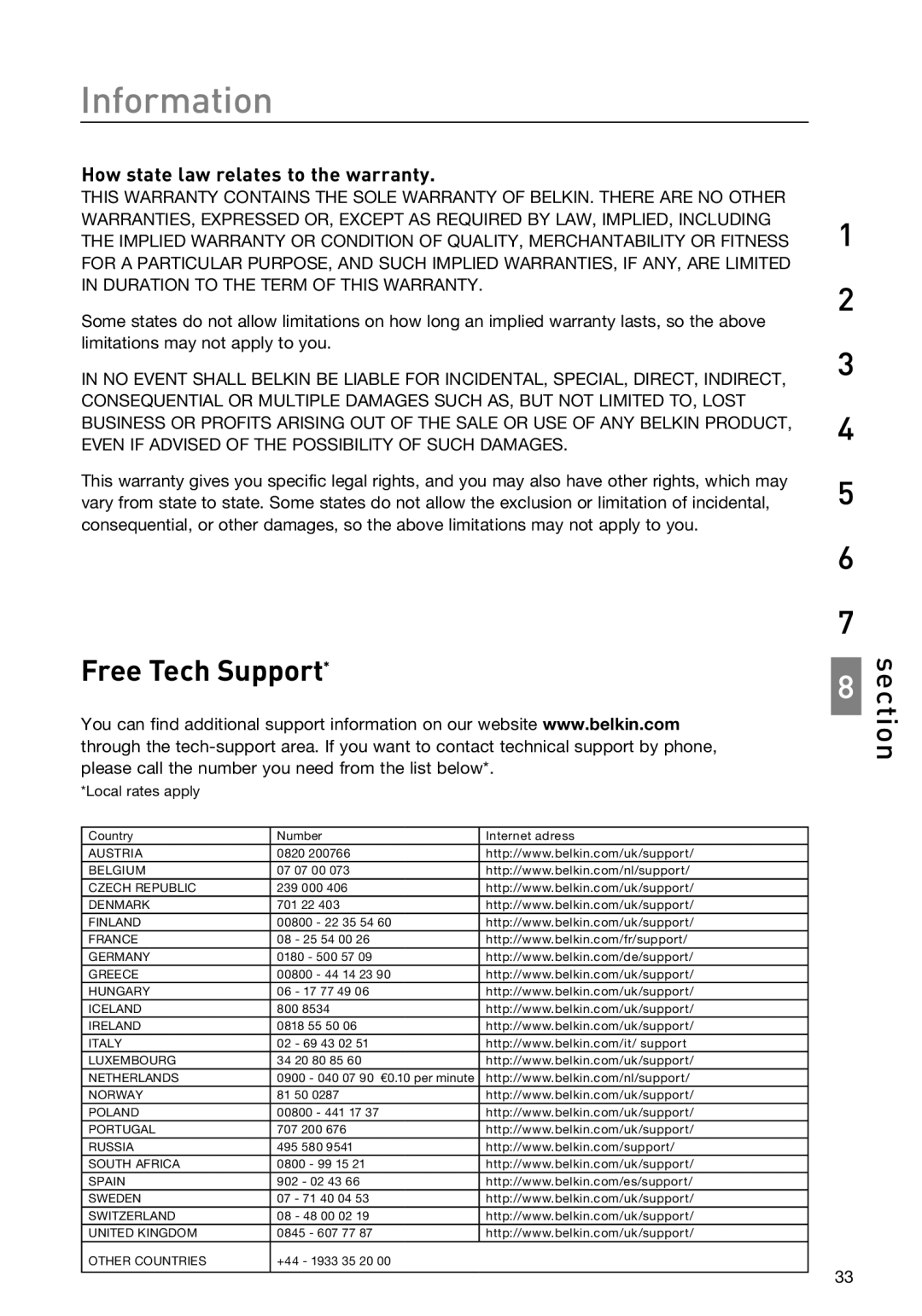 Belkin F1DD102LEA, F1DD104LEA manual Free Tech Support, How state law relates to the warranty 