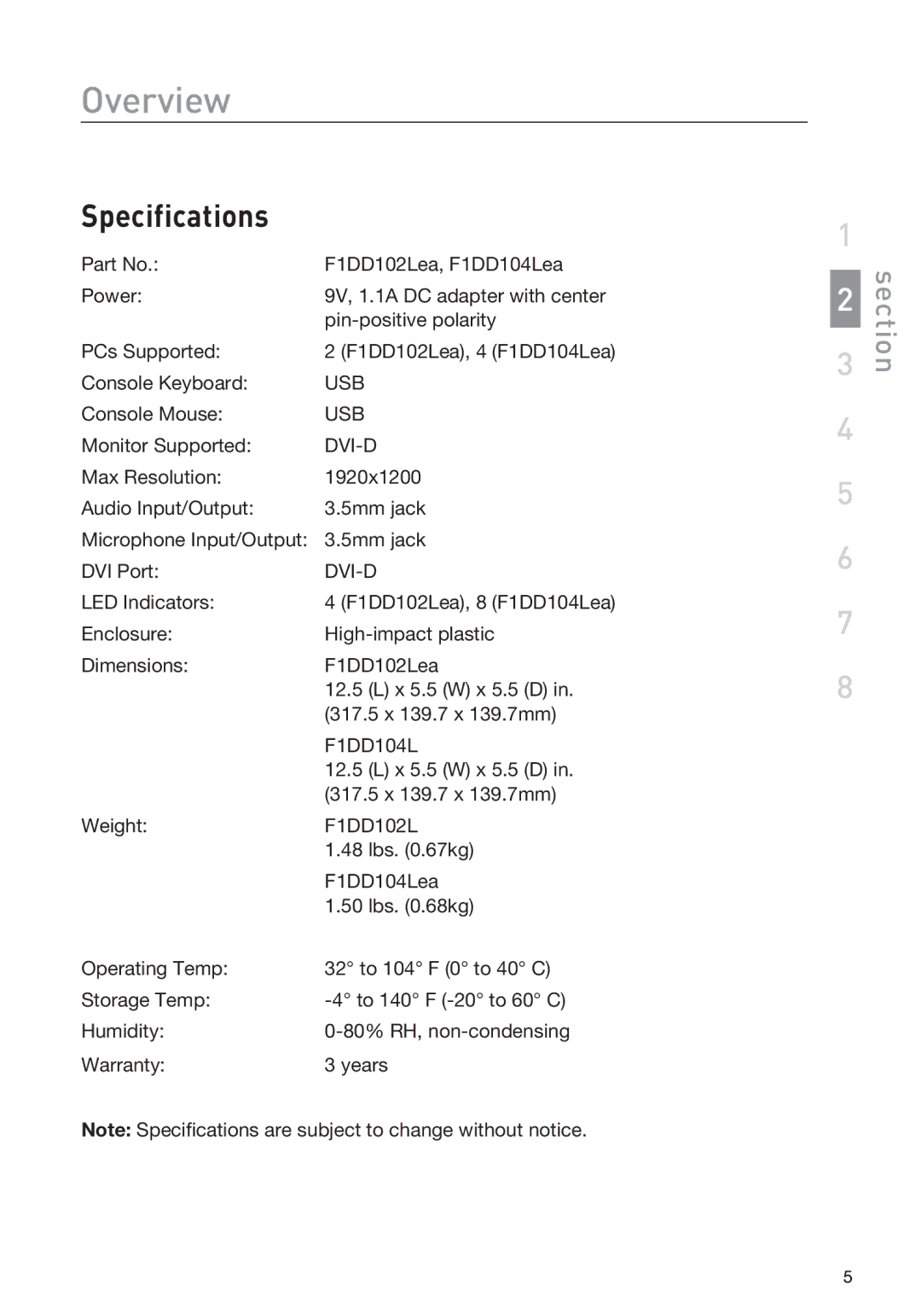 Belkin F1DD102LEA, F1DD104LEA manual Specifications 