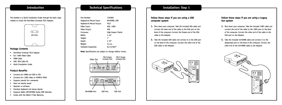 Belkin F1DE083 technical specifications Introduction, Technical Specifications, Installation Step, Package Contents 
