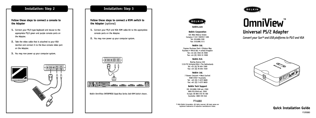 Belkin F1DE083 Follow these steps to connect a console to the Adapter, OmniView, Universal PS/2 Adapter, Installation Step 