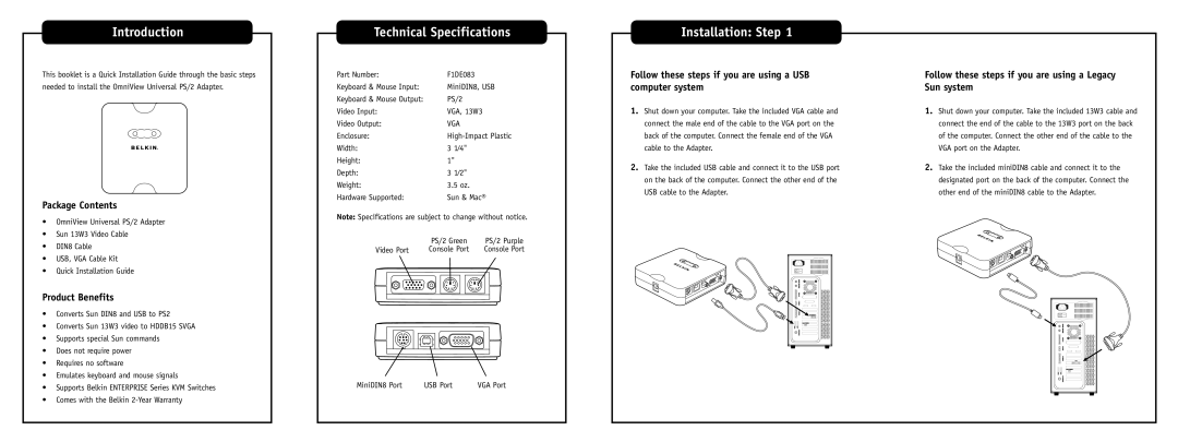 Belkin F1DE083 technical specifications Introduction, Technical Specifications, Installation Step 