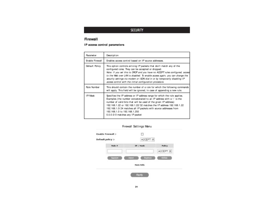 Belkin F1DE101G user manual Firewall, IP access control parameters 