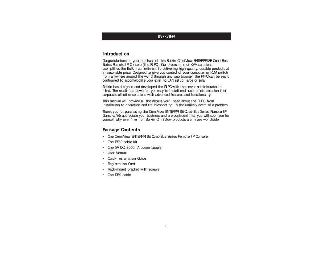 Belkin F1DE101G user manual Introduction, Package Contents 