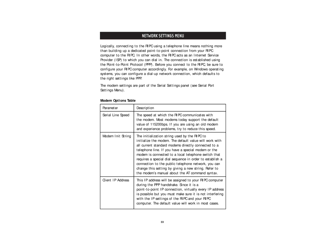 Belkin F1DE101G user manual Modem Options Table 