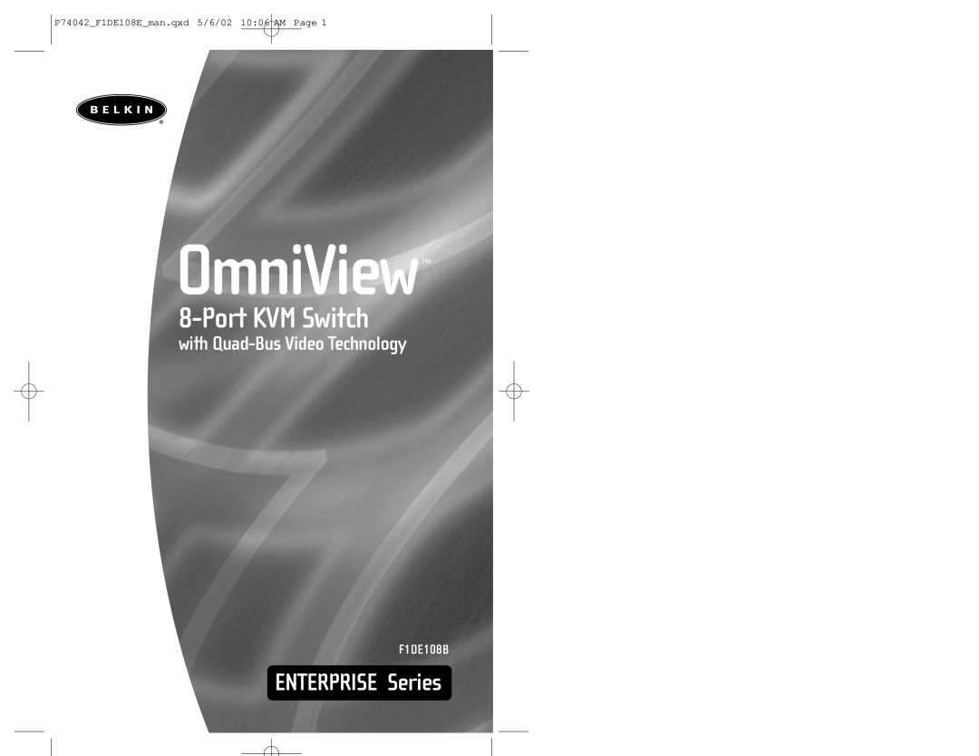Belkin F1DE108B manual OmniView, Port KVM Switch, ENTERPRISE Series, with Quad-Bus Video Technology 