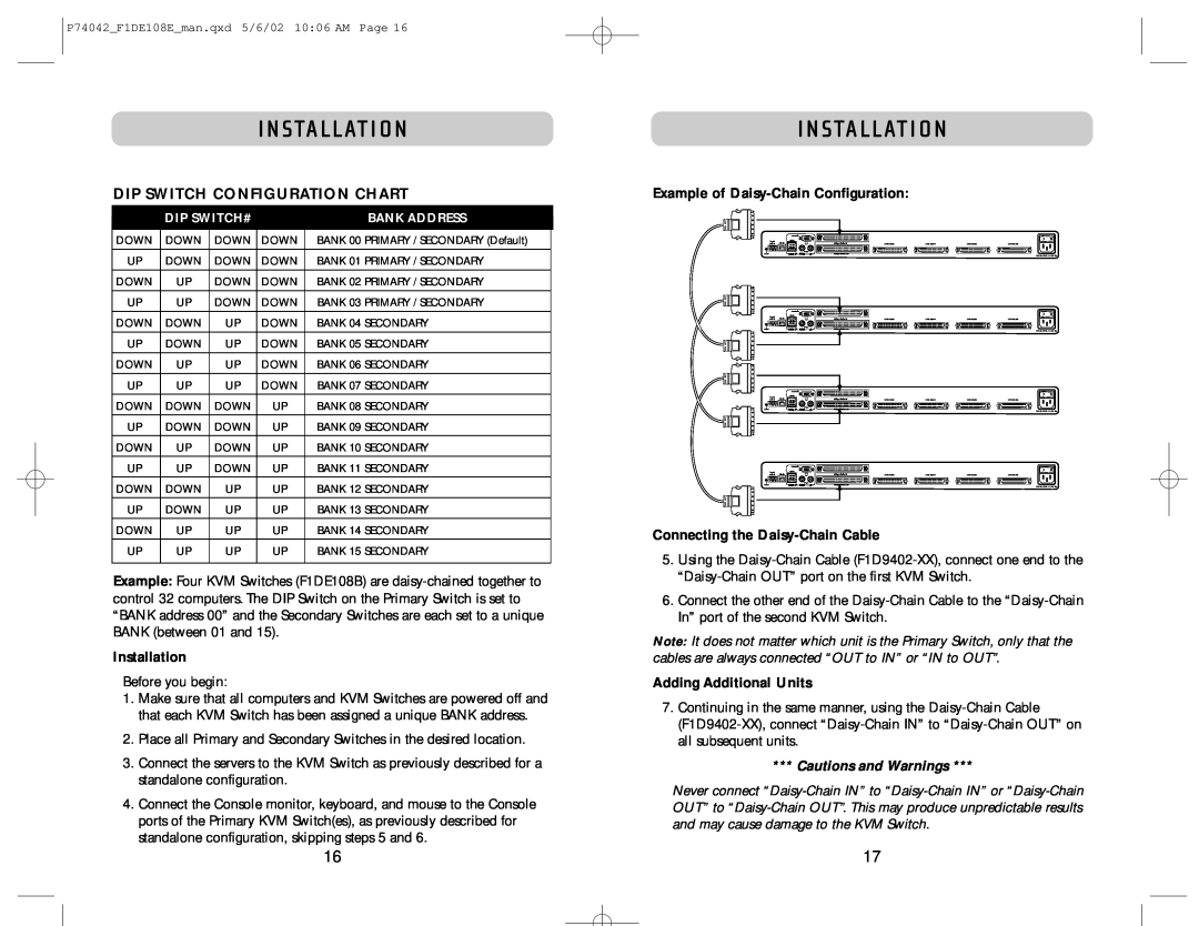 Belkin F1DE108B Dip Switch Configuration Chart, Installation, Example of Daisy-Chain Configuration, I N Sta L L At I O N 