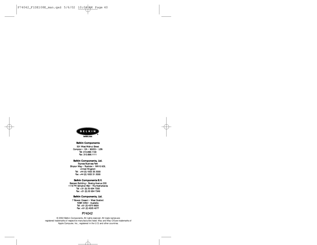 Belkin F1DE108B manual P74042F1DE108Eman.qxd 5/6/02 1006 AM Page, Belkin Components B.V 