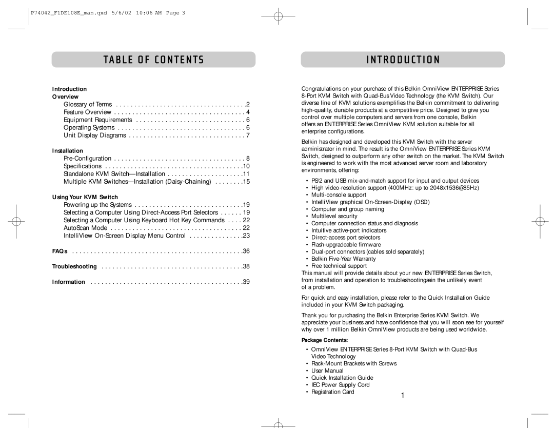 Belkin F1DE108B manual Table of Contents, Introduction 