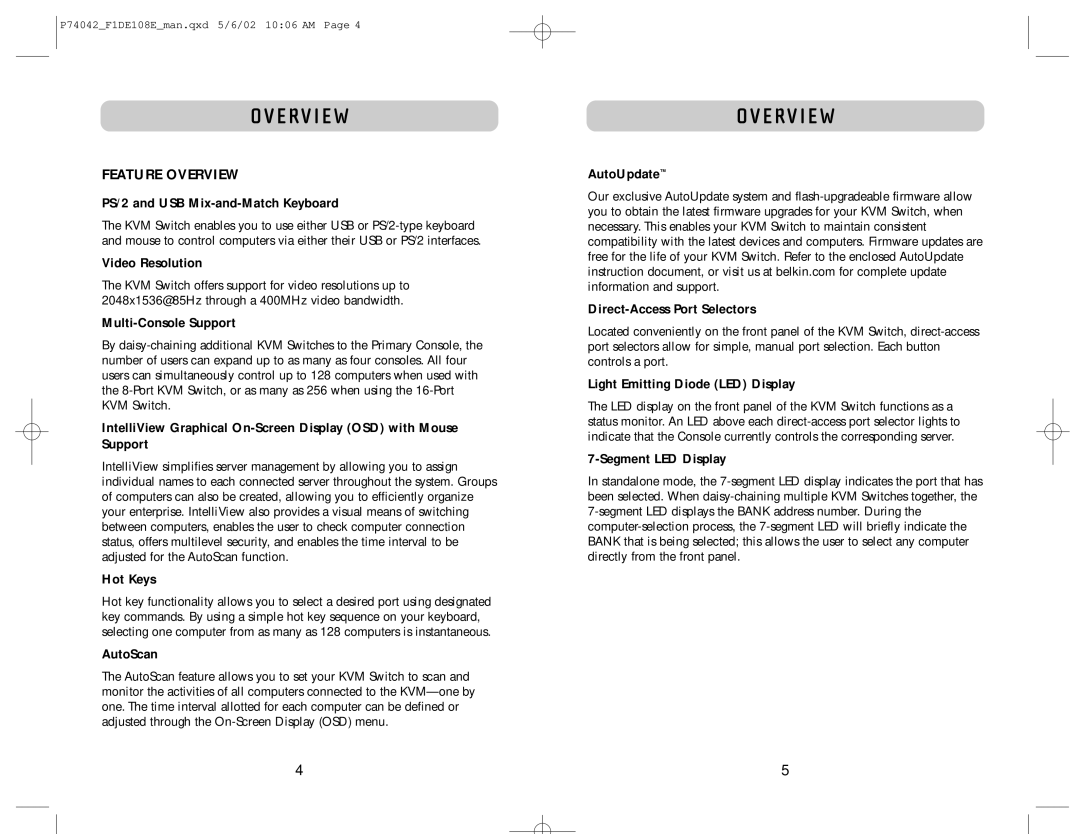 Belkin F1DE108B manual Feature Overview 