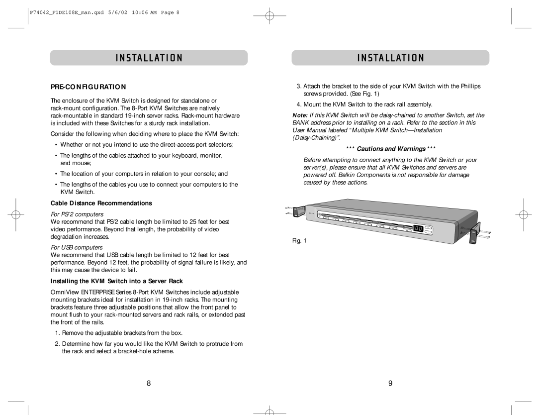 Belkin F1DE108B manual Sta L L At I O N, Pre-Configuration, Cable Distance Recommendations 