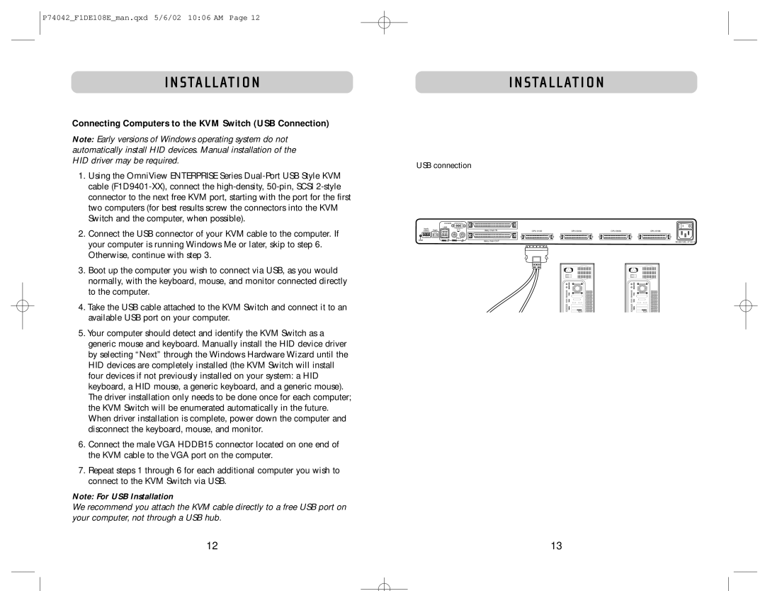 Belkin F1DE108B manual Connecting Computers to the KVM Switch USB Connection, USB connection 