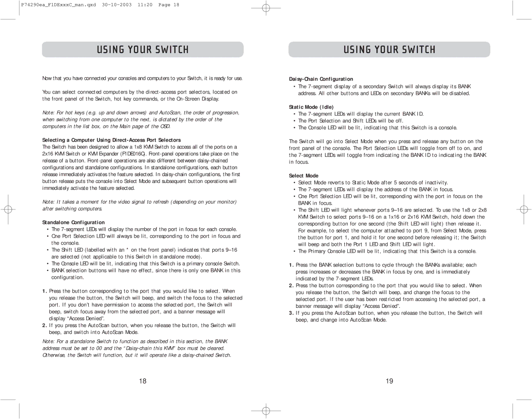 Belkin F1DE208C, F1DE216C, F1DE116C user manual Using Your Switch 