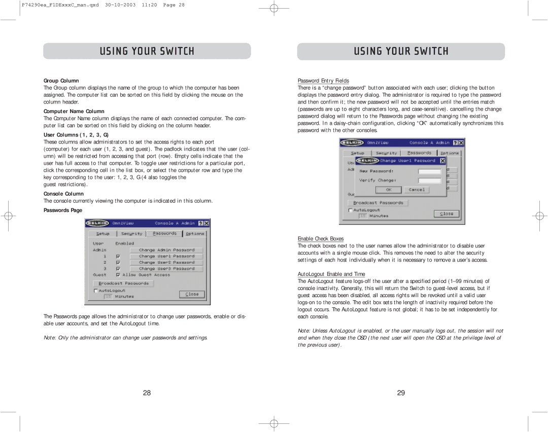 Belkin F1DE116C User Columns 1, 2, 3, G, Guest restrictions, Passwords, Password Entry Fields, Enable Check Boxes 