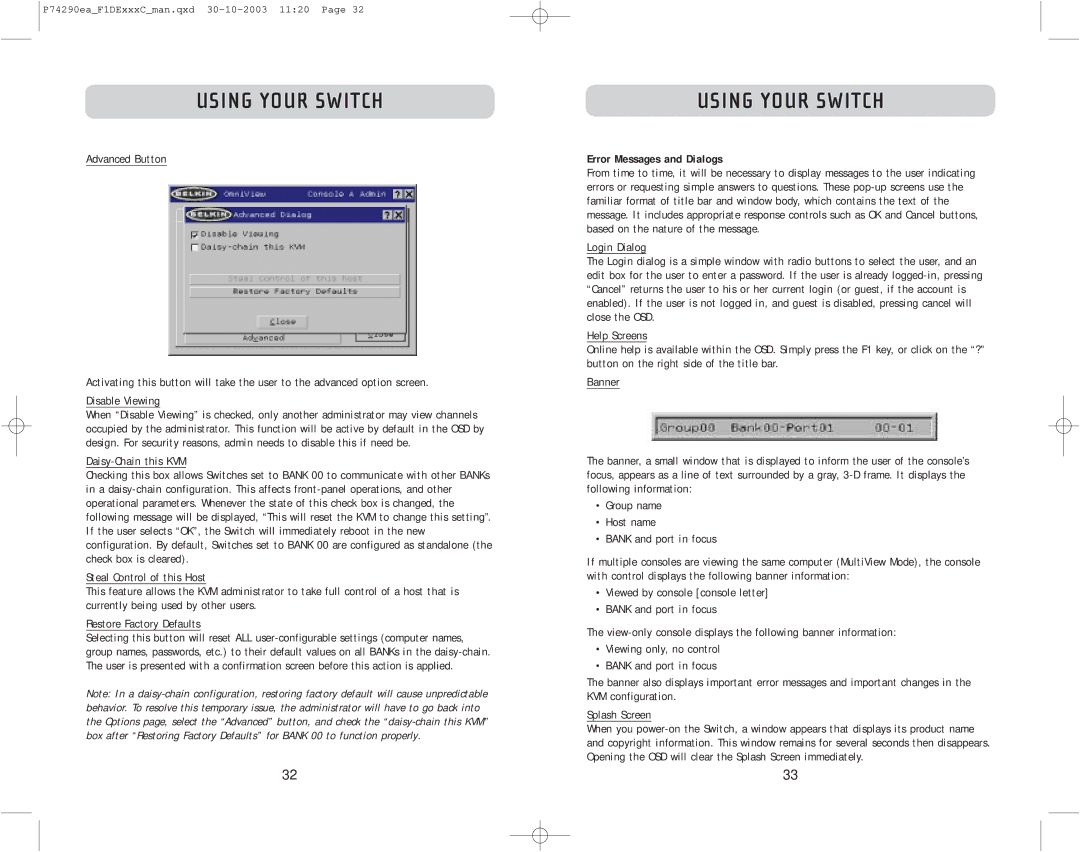 Belkin F1DE216C, F1DE208C, F1DE116C user manual Error Messages and Dialogs 