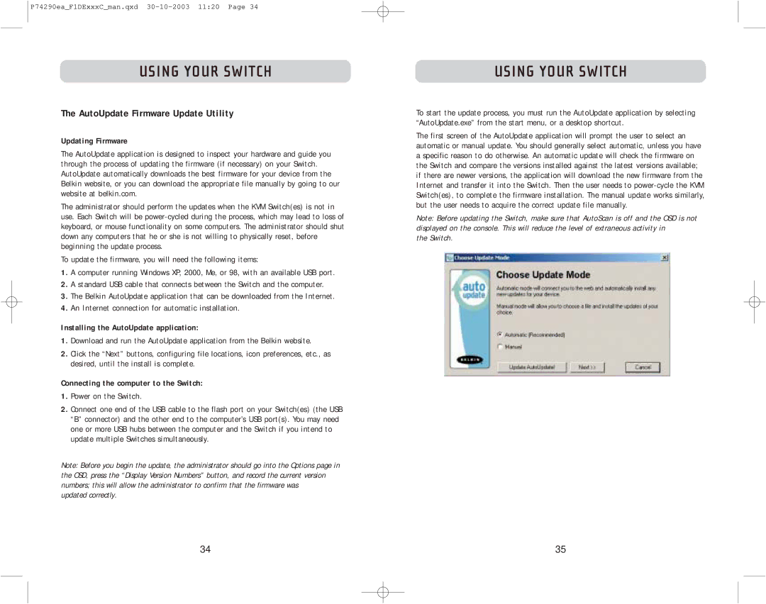 Belkin F1DE116C, F1DE208C AutoUpdate Firmware Update Utility, Updating Firmware, Installing the AutoUpdate application 