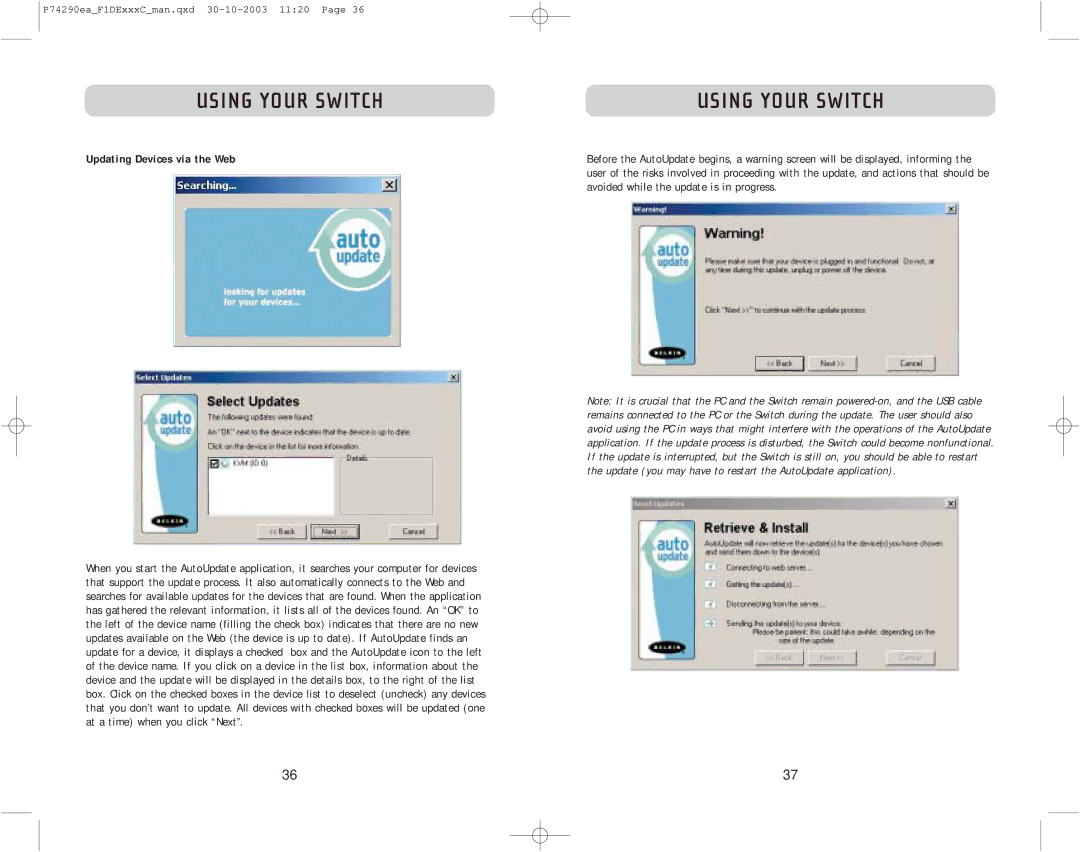 Belkin F1DE208C, F1DE216C, F1DE116C user manual Updating Devices via the Web, Avoided while the update is in progress 