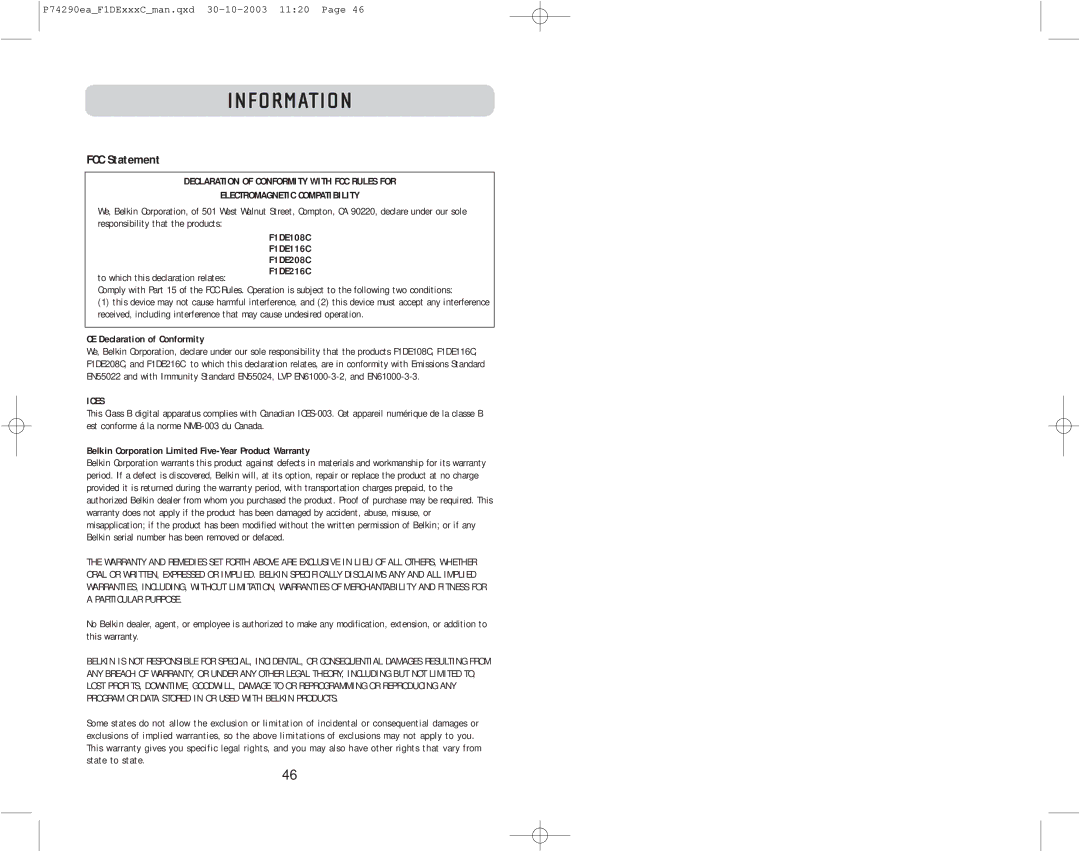 Belkin F1DE116C, F1DE208C, F1DE216C user manual Information, FCC Statement 