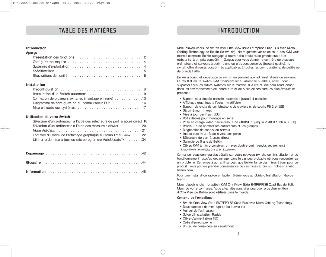 Belkin F1DE216C, F1DE208C, F1DE116C user manual Table DES Matières, Contenu de l’emballage 