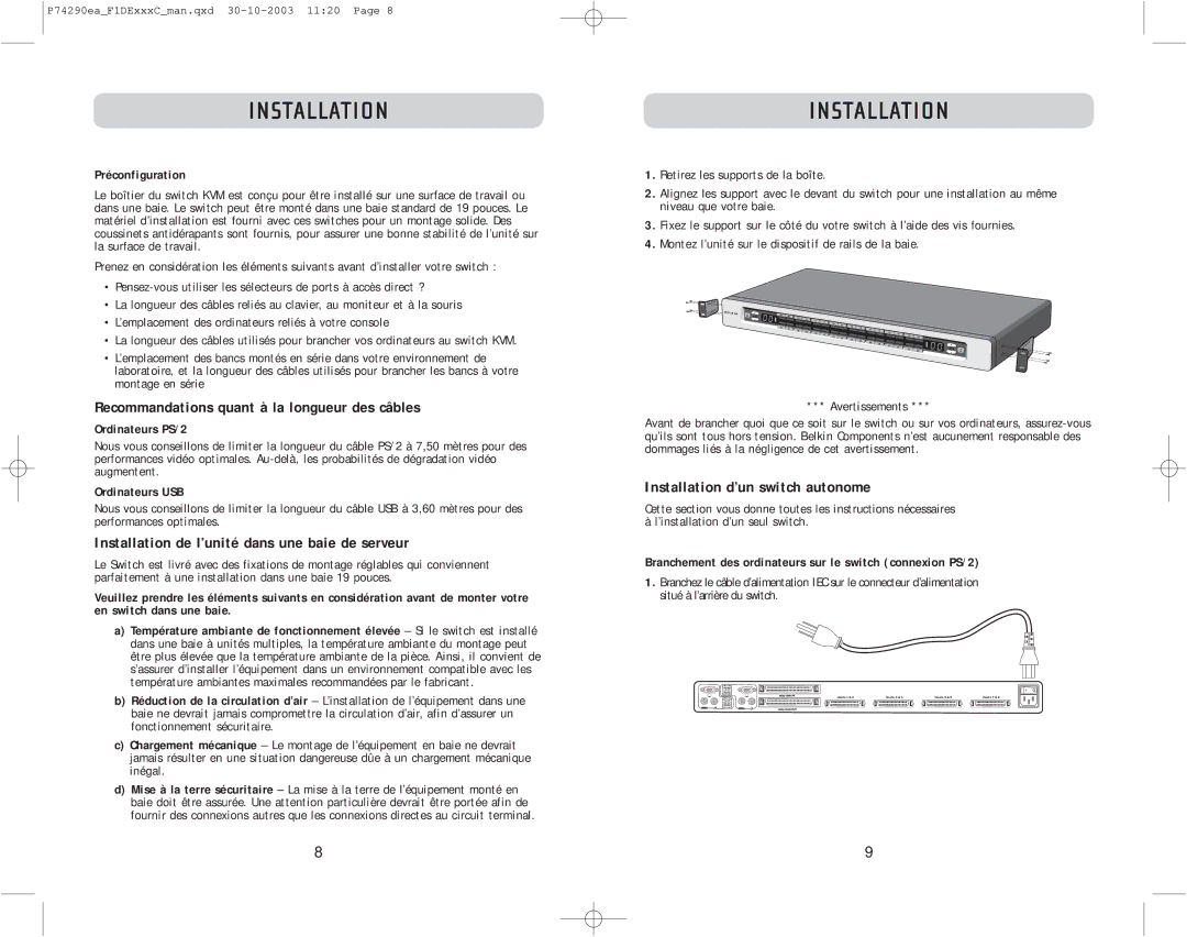 Belkin F1DE116C, F1DE208C Recommandations quant à la longueur des câbles, Installation de l’unité dans une baie de serveur 