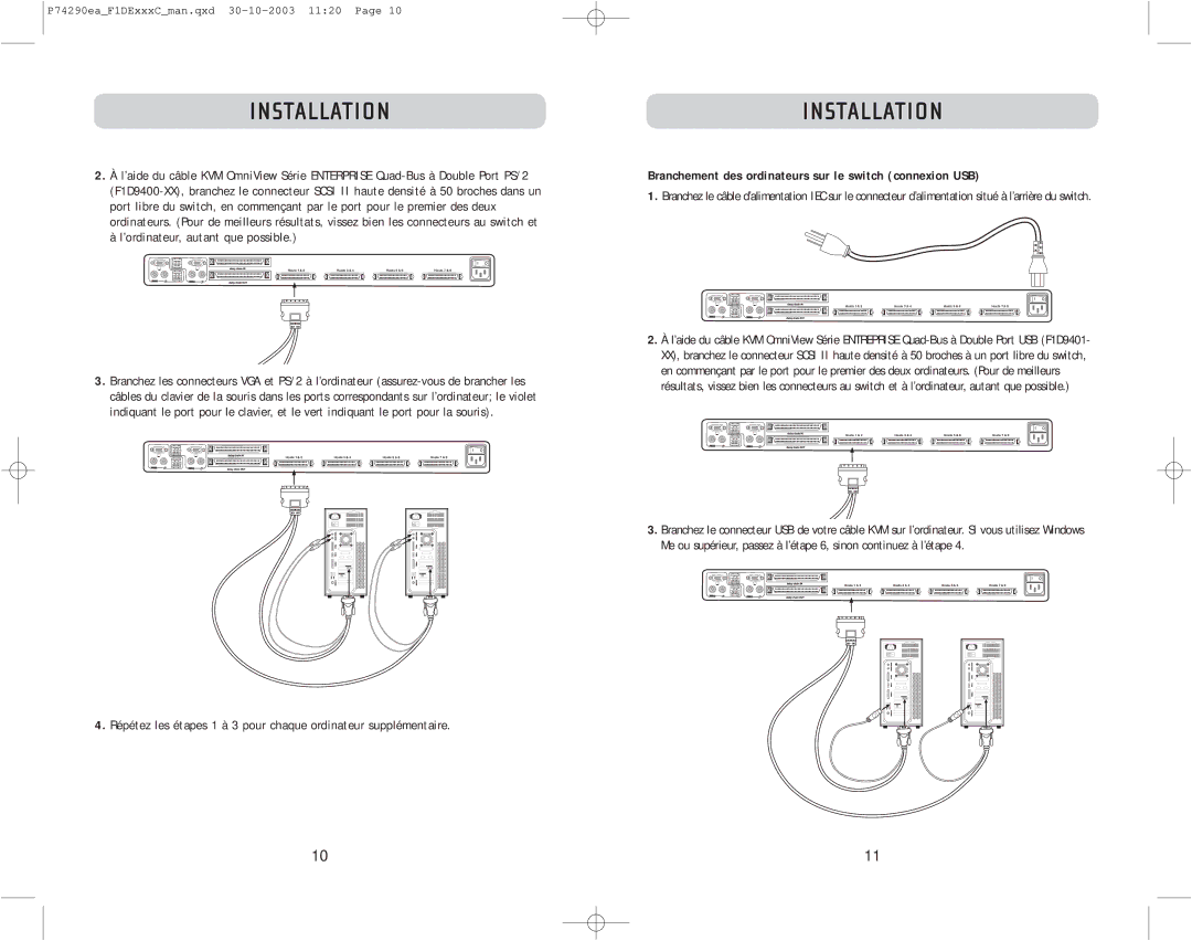 Belkin F1DE208C, F1DE216C, F1DE116C user manual Branchement des ordinateurs sur le switch connexion USB 