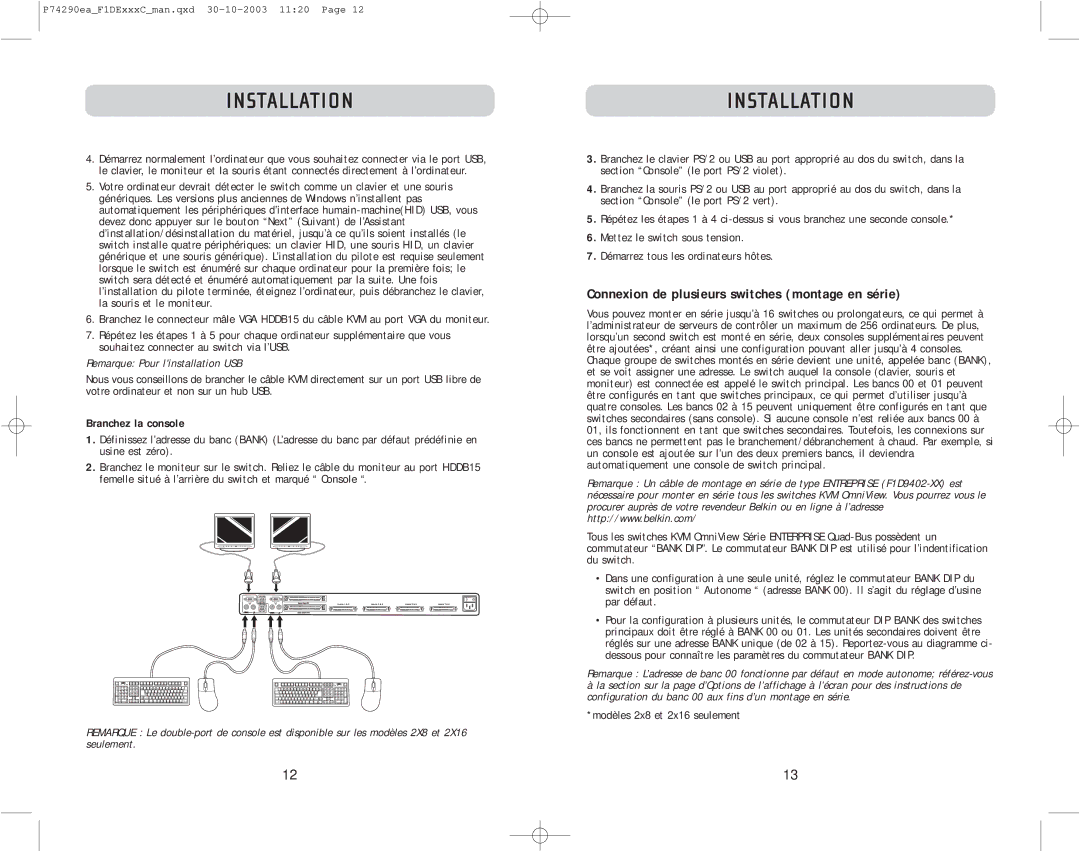 Belkin F1DE216C Connexion de plusieurs switches montage en série, Branchez la console, Modèles 2x8 et 2x16 seulement 