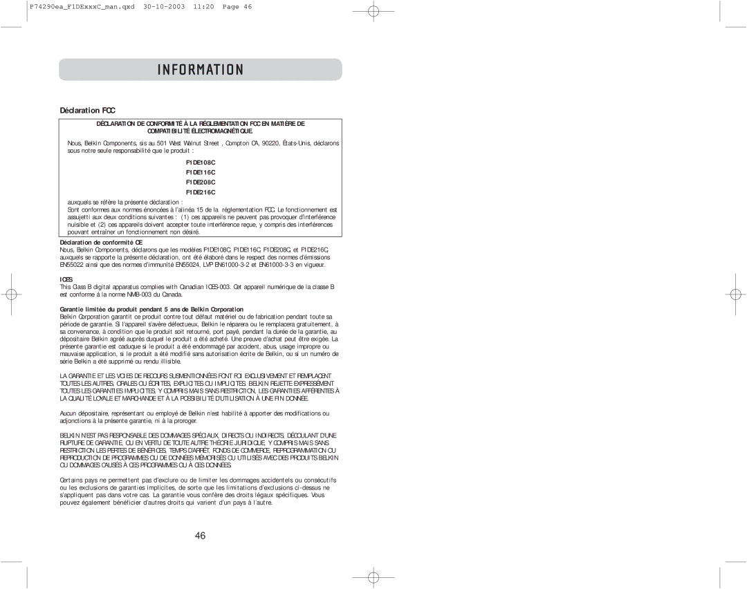 Belkin F1DE208C, F1DE216C, F1DE116C user manual Déclaration FCC 