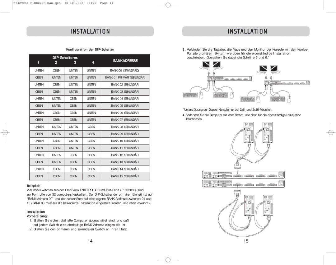 Belkin F1DE208C, F1DE216C, F1DE116C user manual Konfiguration der DIP-Schalter, Beispiel, Installation Vorbereitung 