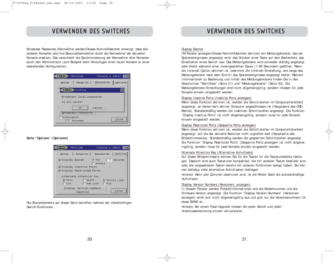 Belkin F1DE116C, F1DE208C, F1DE216C Seite Options Optionen, Display Banner, Display Inactive Ports Inaktive Ports anzeigen 