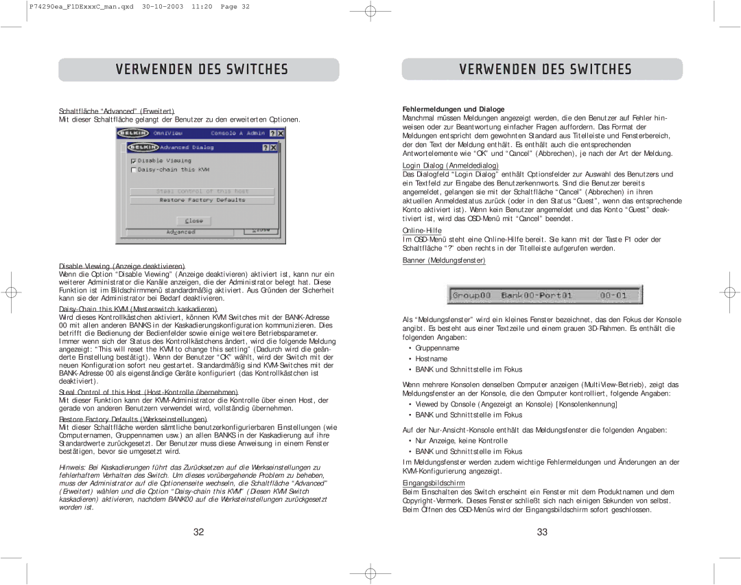 Belkin F1DE208C, F1DE216C, F1DE116C user manual Fehlermeldungen und Dialoge 