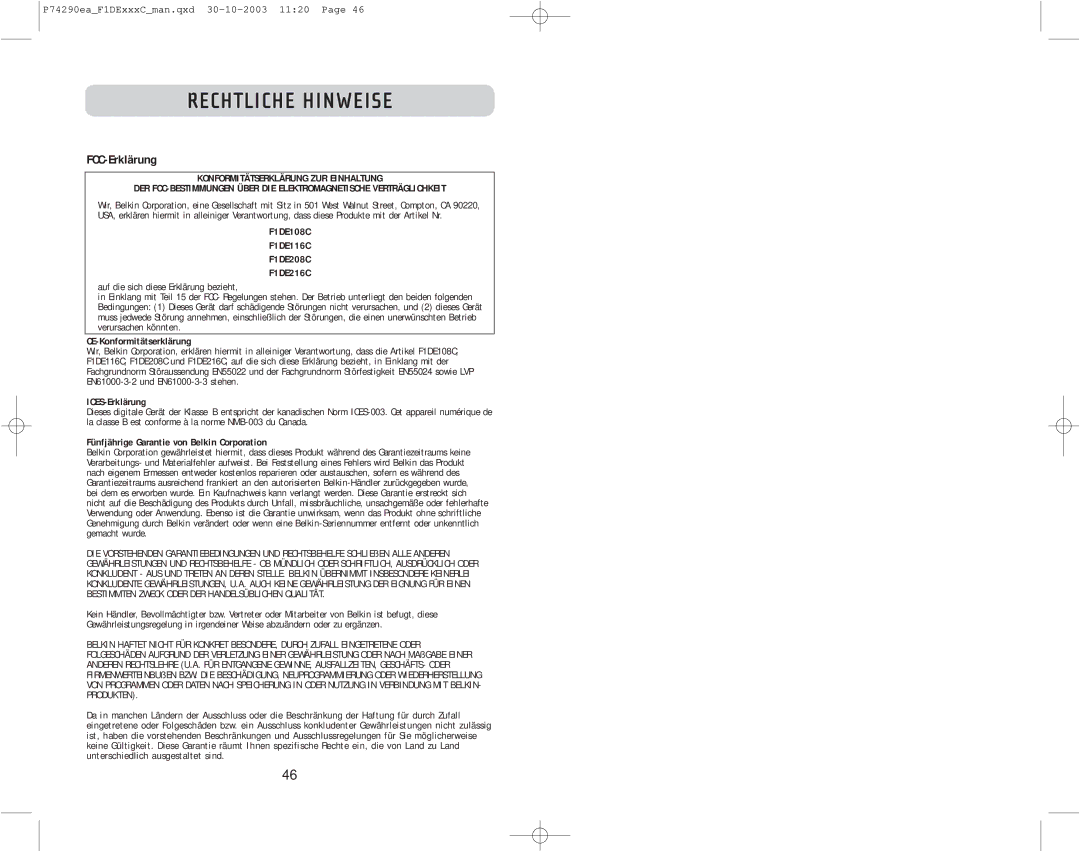 Belkin F1DE216C, F1DE208C, F1DE116C user manual Rechtliche Hinweise, FCC-Erklärung 